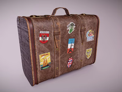 Vintage Brown Leather Suitcase With Decorative Travel Patches And Retro Design 3d model