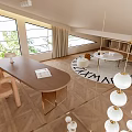 Modern Study Room Interior Design With Vaulted Ceiling Large Windows Green Plants And Wooden Desk
