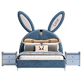 Blue Kids Bed with Rabbit Ear Design Headboard Love Lettering Pillows Bear Cushion and Nightstand