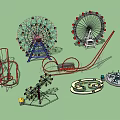 Fun Amusement Park Rides Including Ferris Wheel Roller Coaster Carousel And Spinning Attractions