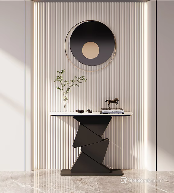 Modern Entry Console Table With Round Mirror Green Plant Decor Items White Top Black Base 3d model 