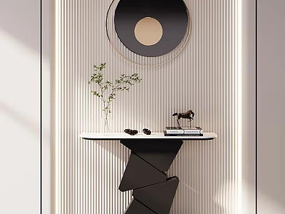 Modern Entry Console Table With Round Mirror Green Plant Decor Items White Top Black Base 3d model