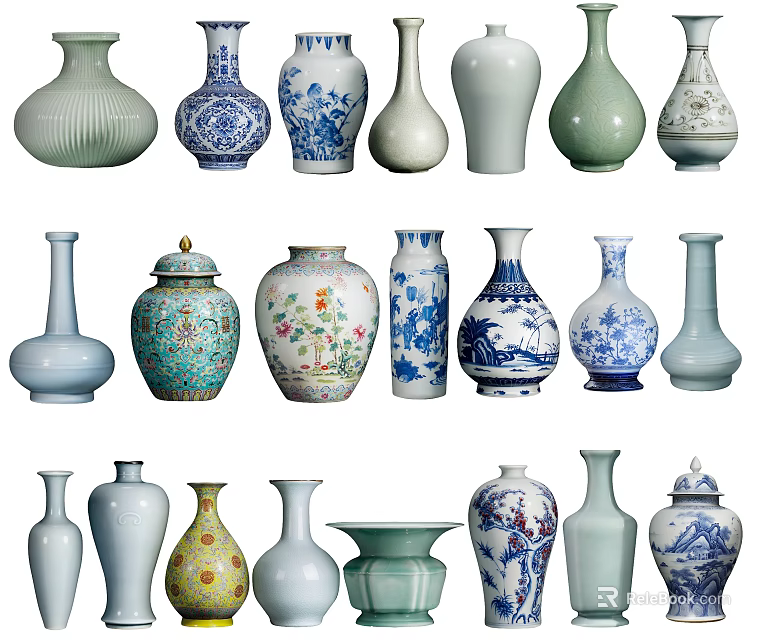 Assorted Ceramic Vessels Featuring Traditional Blue And White Patterns Various Shapes And Colors 3d model