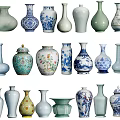 Assorted Ceramic Vessels Featuring Traditional Blue And White Patterns Various Shapes And Colors 3d model