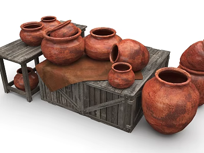 Rustic Clay Pots Of Various Sizes Displayed On Wooden Crates And Shelves 3d model