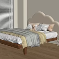 Kids Bed with Cloud Shaped Headboard Wooden Frame Soft Blankets and Patterned Pillows 3d model