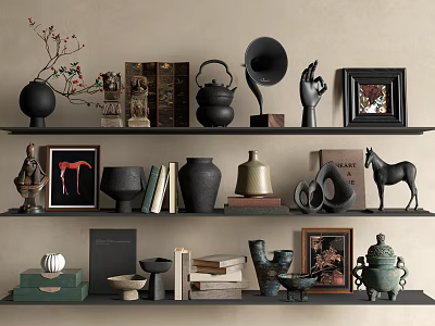 Elegant Ornament Decor Combination with Black Pottery Jars Books Photo Frames Horse Sculptures on Shelves 3d model