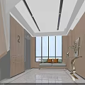 Modern Elevator Lobby Interior With Wooden Walls Large Windows Sofa Console Table And Lighting 3d model