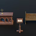 Traditional Religious Wooden Furniture With Altar Candlesticks Open Book And Bench