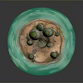 Turquoise Circular Water Surrounding Small Island With Wooden Boat Rocks And Grass Tufts