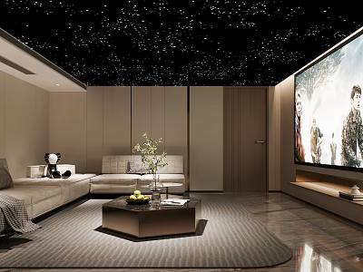 Modern Home Theater Interior With Starry Ceiling Large Screen TV Comfortable Sofa And Coffee Table 3d model