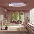 Pink Wall Interior Design With Green Arched Decor Sofa Plants Bookshelf And Steps