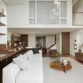 Modern Apartment Interior With Living Room Dining Area Floor to Ceiling Windows City View and Bookshelves
