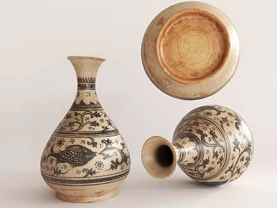 Traditional Ceramic Vases With Black Decorative Patterns On Cream Base Shown From Various Angles 3d model