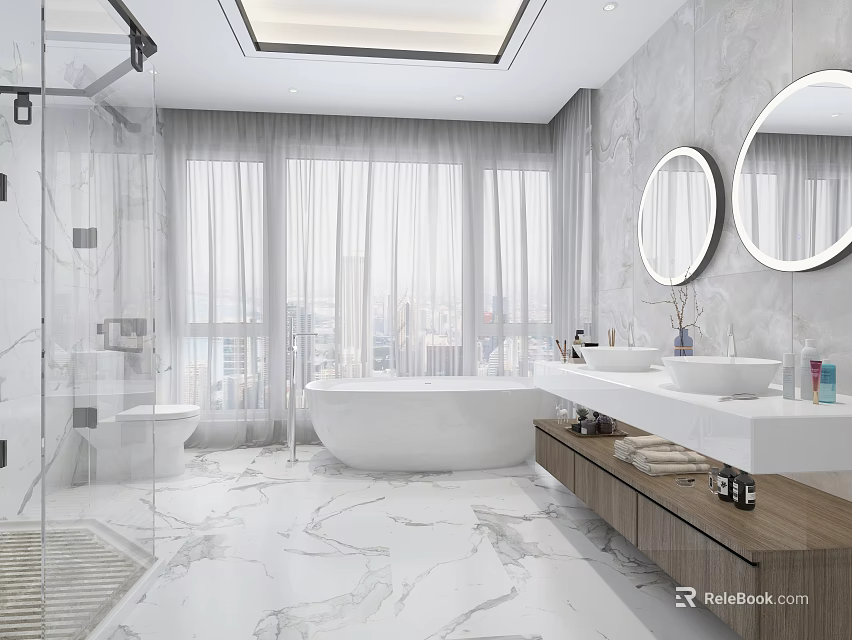 Modern Bathroom Interior With Marble Tiles Double Mirrors Bathtub And Large Windows 3d model 