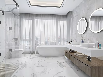 Modern Bathroom Interior With Marble Tiles Double Mirrors Bathtub And Large Windows 3d model
