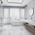 Modern Bathroom Interior With Marble Tiles Double Mirrors Bathtub And Large Windows