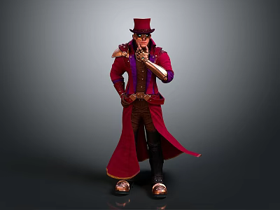 Steampunk Gentleman in Red Coat With Mechanical Raven and Cane Standing Confidently 3d model