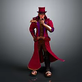 Steampunk Gentleman in Red Coat With Mechanical Raven and Cane Standing Confidently