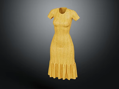 Yellow Knitted Short Sleeve Dress With Frilled Hem And Textured Pattern 3d model