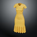 Yellow Knitted Short Sleeve Dress With Frilled Hem And Textured Pattern