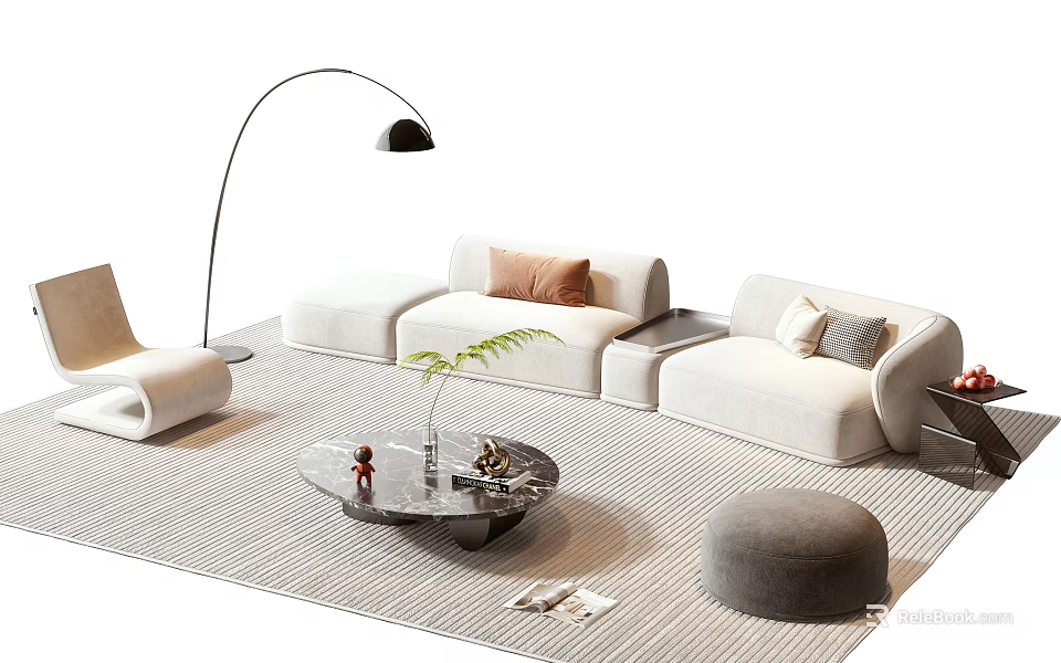 Modern Sofa And Coffee Table Set With Floor Lamp Throw Pillows Green Plant And Ottoman 3d model 