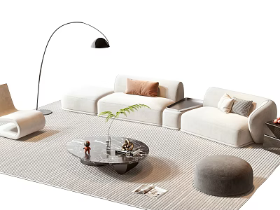Modern Sofa And Coffee Table Set With Floor Lamp Throw Pillows Green Plant And Ottoman 3d model