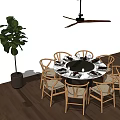 Round Dining Table Set With Eight Chairs Tableware Green Plant And Ceiling Fan 3d model