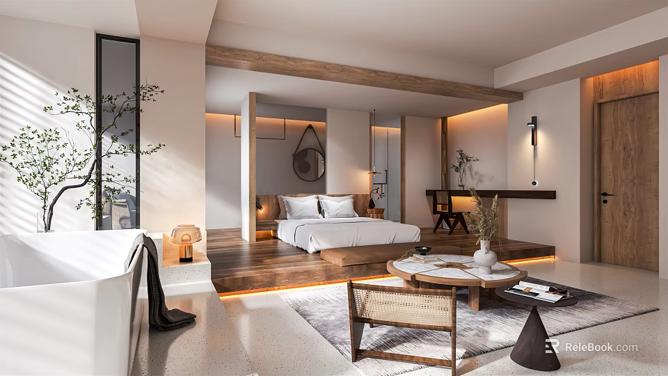 Modern Hotel Room Interior Design With King Bed Bathtub And Wooden Seating Area 3d model 