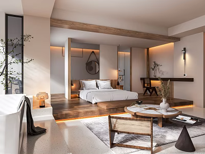 Modern Hotel Room Interior Design With King Bed Bathtub And Wooden Seating Area 3d model