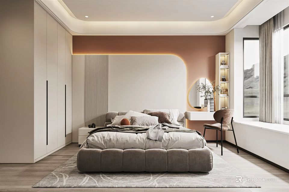 Elegant Modern Bedroom Interior With Tufted Bed Wardrobe Dressing Table And Area Rug 3d model