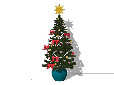 Christmas Tree Decorated With Golden Star Red Bows Yellow Ornaments And Blue Pot 3d model