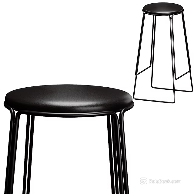 Modern Black Leather Bar Stool With Round Seat And Metal Legs 3d model 