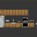 Modern L Shaped Wooden Cabinets Kitchen Interior With Blue Island Counter And Appliances