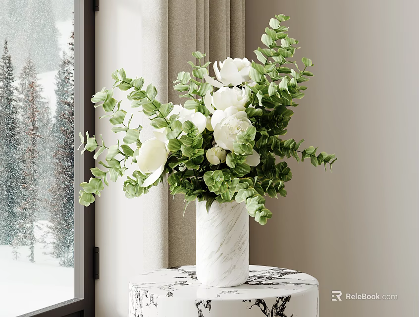 White Marble Vase with White Flowers Green Foliage on Round Patterned Table by Snowy Window 3d model 