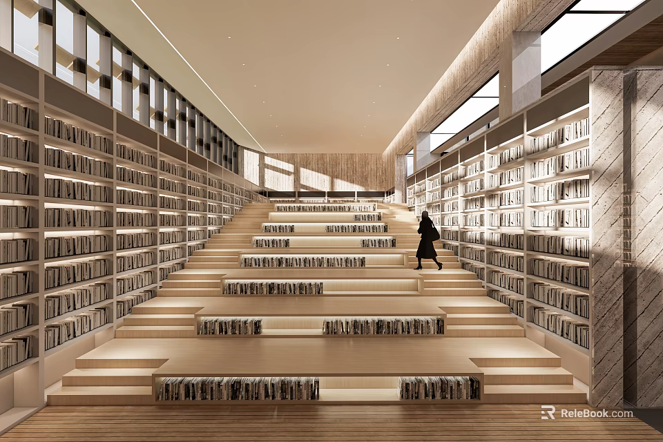 Book Art in Modern Library Featuring Staircase Bookshelves Bright Lighting and Walking Person 3d model 