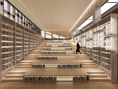 Book Art in Modern Library Featuring Staircase Bookshelves Bright Lighting and Walking Person 3d model