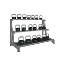 Black Kettlebells With Blue Circles On Multi Shelf Fitness Equipment Storage Rack