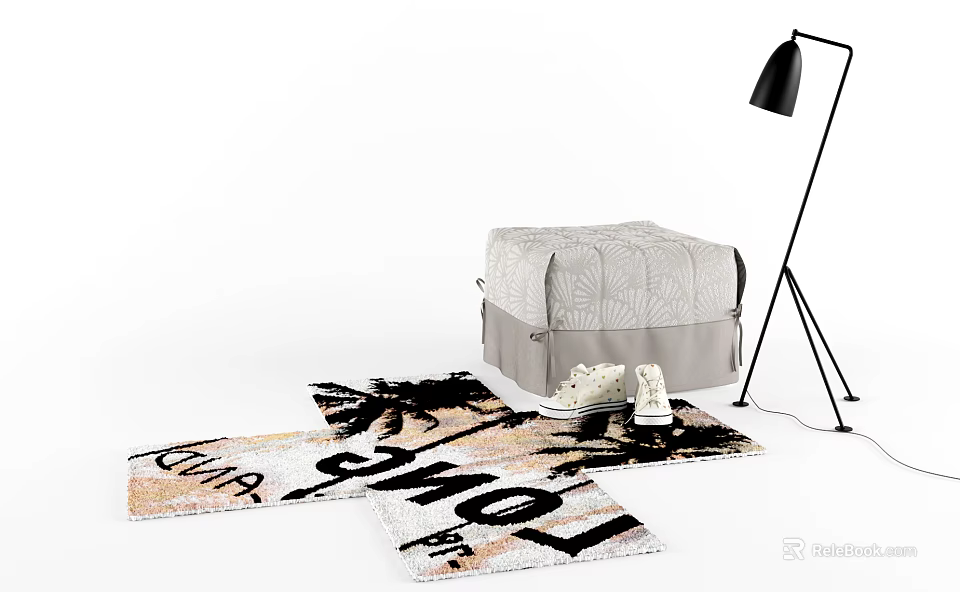 Patterned Upholstered Storage Bench with White Sneakers Printed Carpets and Black Floor Lamp 3d model 
