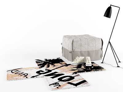 Patterned Upholstered Storage Bench with White Sneakers Printed Carpets and Black Floor Lamp 3d model