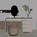 Modern Minimalist Dressing Table With Round Mirror Drawers Chair Cosmetics And Potted Plant