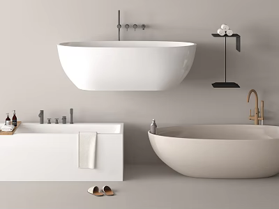 Minimalist Modern Bathroom With Three Bathtubs Towels Slippers And Toiletries 3d model