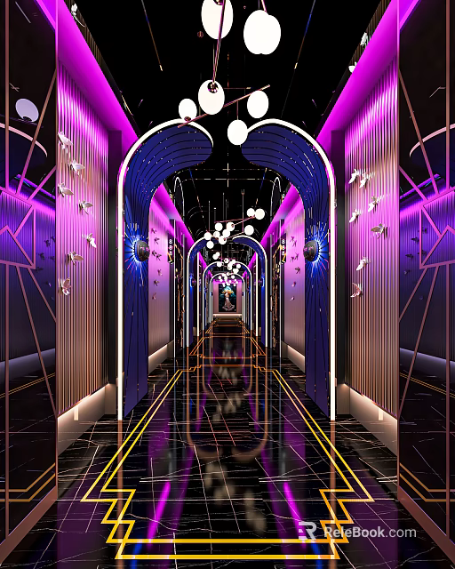 Modern KTV Corridor With Neon Lights Decorative Walls And Glossy Floor 3d model 