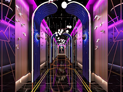 Modern KTV Corridor With Neon Lights Decorative Walls And Glossy Floor 3d model