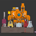 Orange Smart Machine with Pink Yellow Structures and Small Objects on Platform