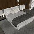 Modern Cozy Bedroom Interior With Large Bed Upholstered Headboard Nightstand Lamp And Soft Rug