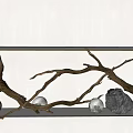 Natural Stone and Wood Branches Decorative Display with Round Lights on White Shelf