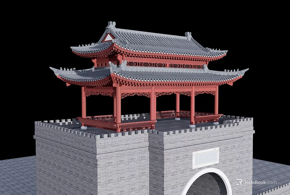 Ancient Chinese Architecture With Multi tiered Roof Red Pillars And Gray Brick Walls 3d model 