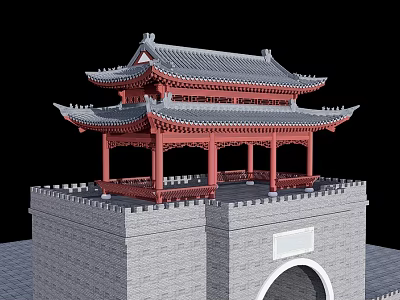 Ancient Chinese Architecture With Multi tiered Roof Red Pillars And Gray Brick Walls 3d model