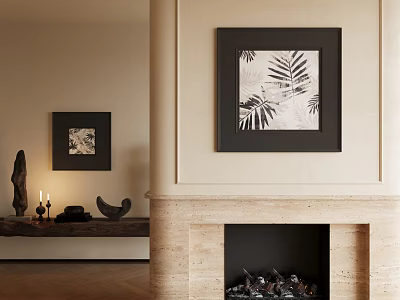 Framed Abstract Painting On Wall In Modern Living Room With Fireplace And Decorative Art 3d model
